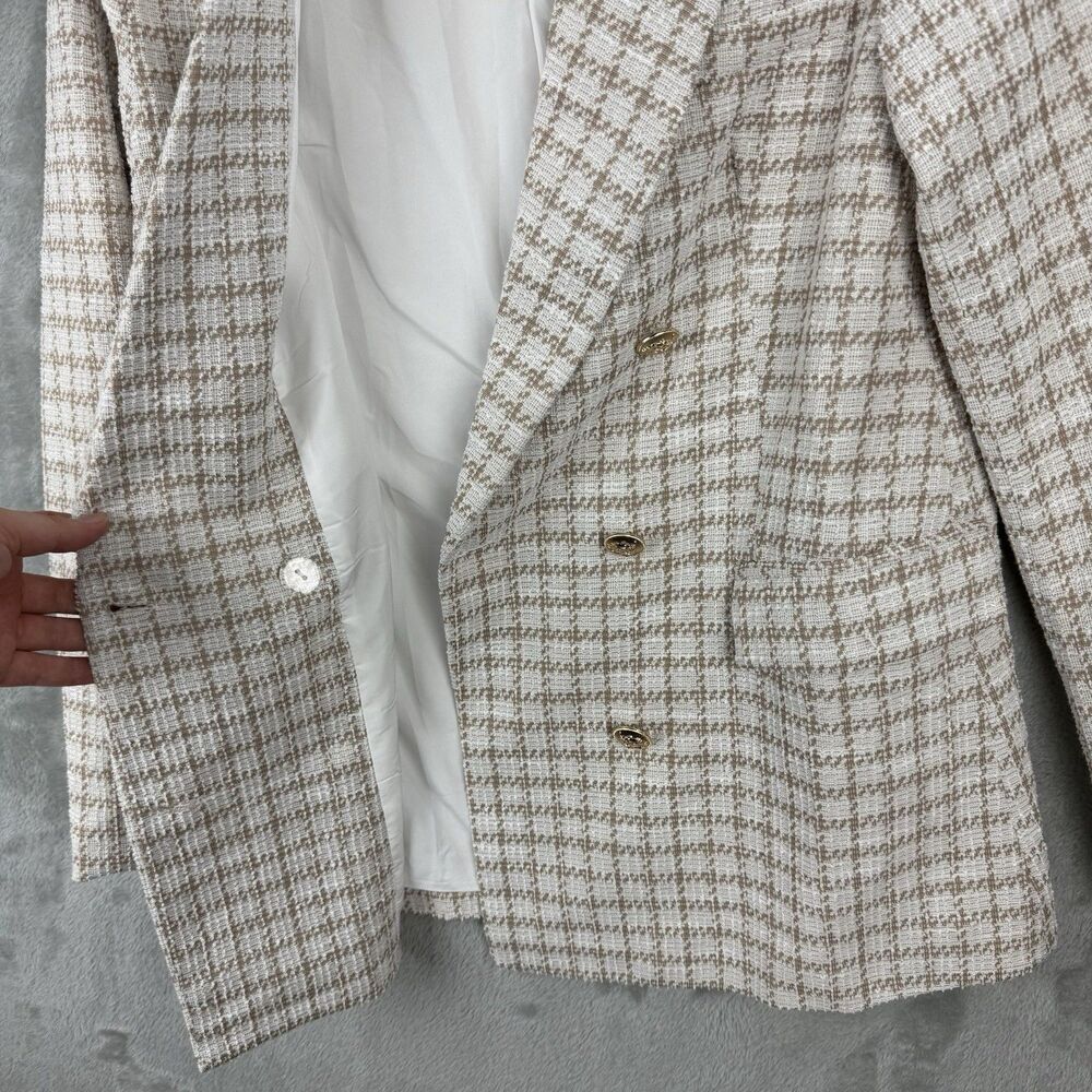 Tweed Double Breasted Blazer Suit Jacket White Brown Longer Length Women's S - Picture 9 of 12